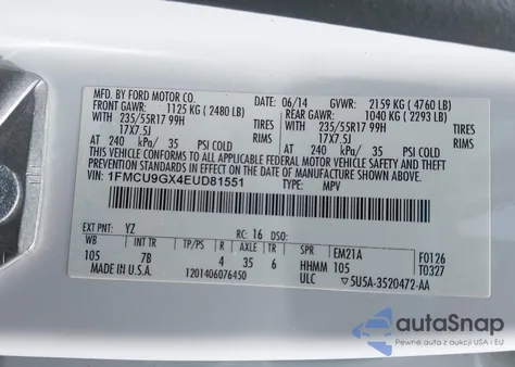 2014 Ford Escape Se z USA, uszkodzony, nr VIN 1FMCU9GX4EUD81551